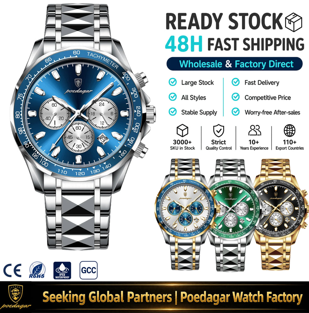 Poedagar 815 Luxury Men Watches Business Sport Tachymeter Chronograph Luminous Stainless Steel Quartz Wristwatch in Stock Reloj