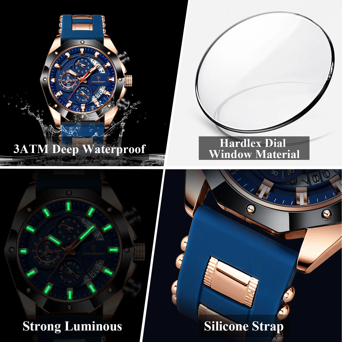 Poedagar New Arrivals Men Quartz Watches Waterproof Luminous Mens Watch Silicone Bracelet Chronograph Watch for Men