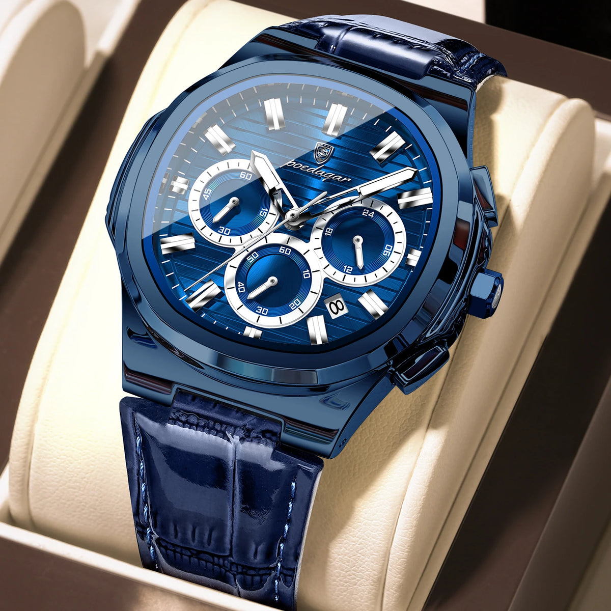 Poedagar 834 Mens Quartz Watch All-Blue Waterproof Luminous Leather Strap Business Wholesale Price Factory Direct Ready to Ship