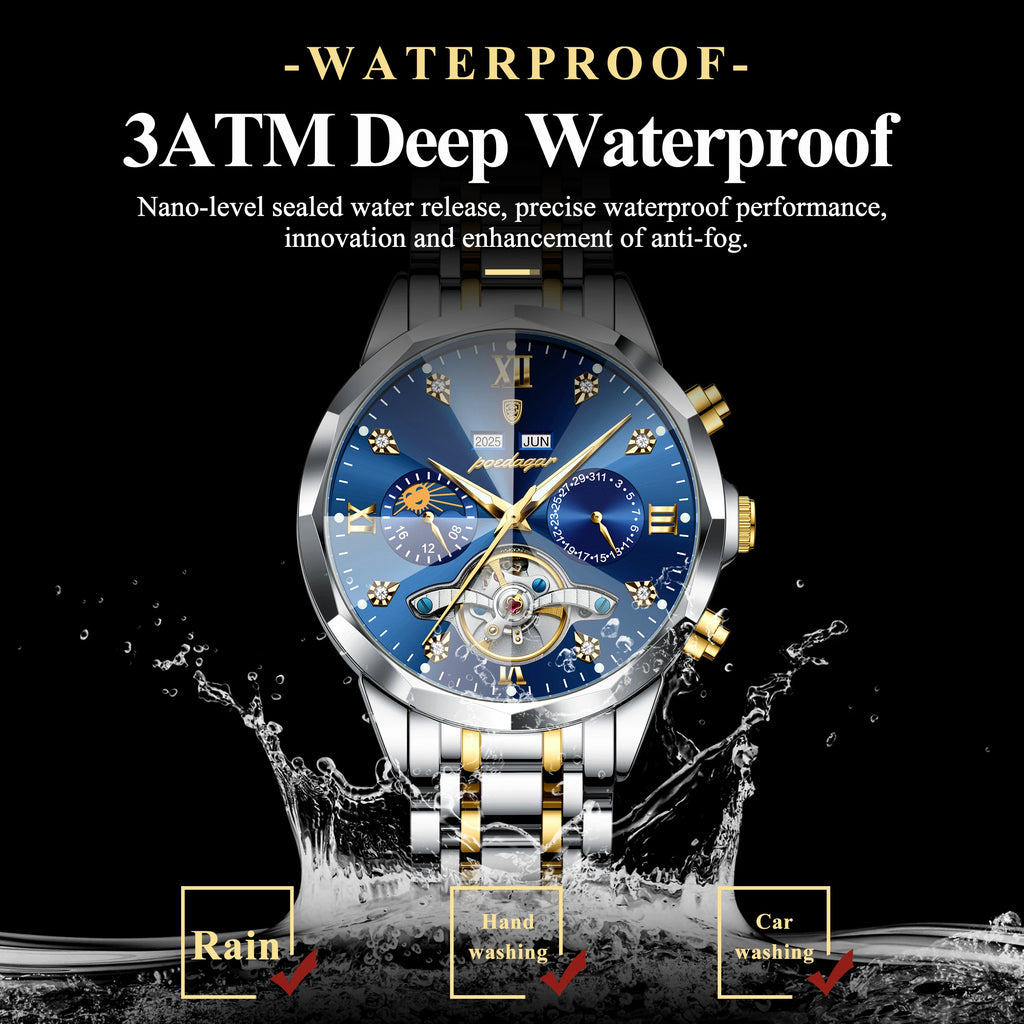 Poedagar 1422 Men Luxury Hollow Tourbillon Stainless Steel Waterproof Automatic Mechanical Wrist Watch