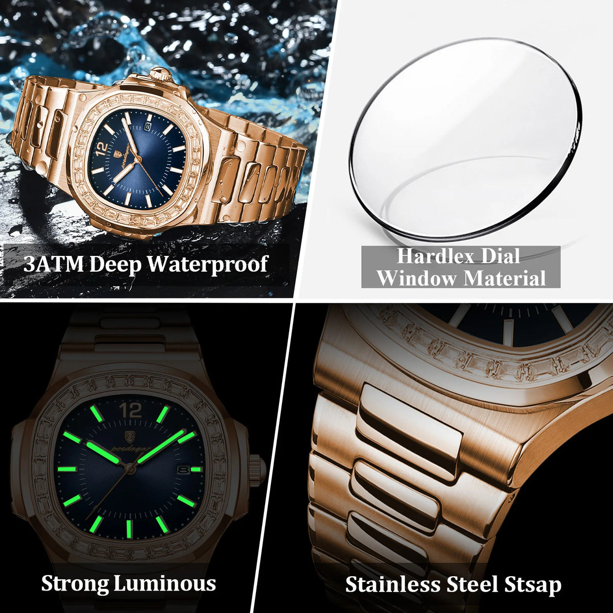 Poedagar Factory Wholesale Rose Gold Relojes Hombre Stainless Steel Men Quartz Watch Luminous Waterproof Watch for Men