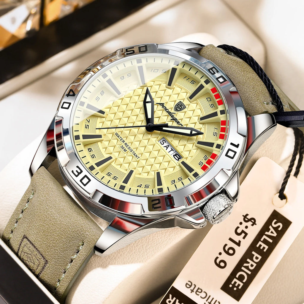 Poedagar 895 Sport Fashion Men Watch Geometric Dial Day Date Luminous Leather Strap Quartz Waterproof Watch for Men Reloj Hombre