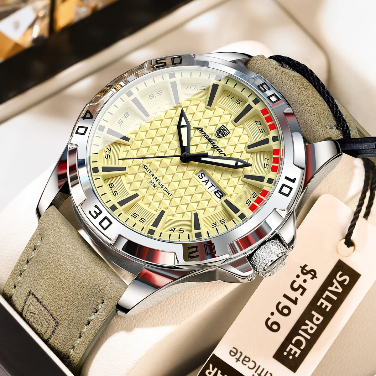 Poedagar 895 Sport Fashion Men Watch Geometric Dial Day Date Luminous Leather Strap Quartz Waterproof Watch for Men Reloj Hombre