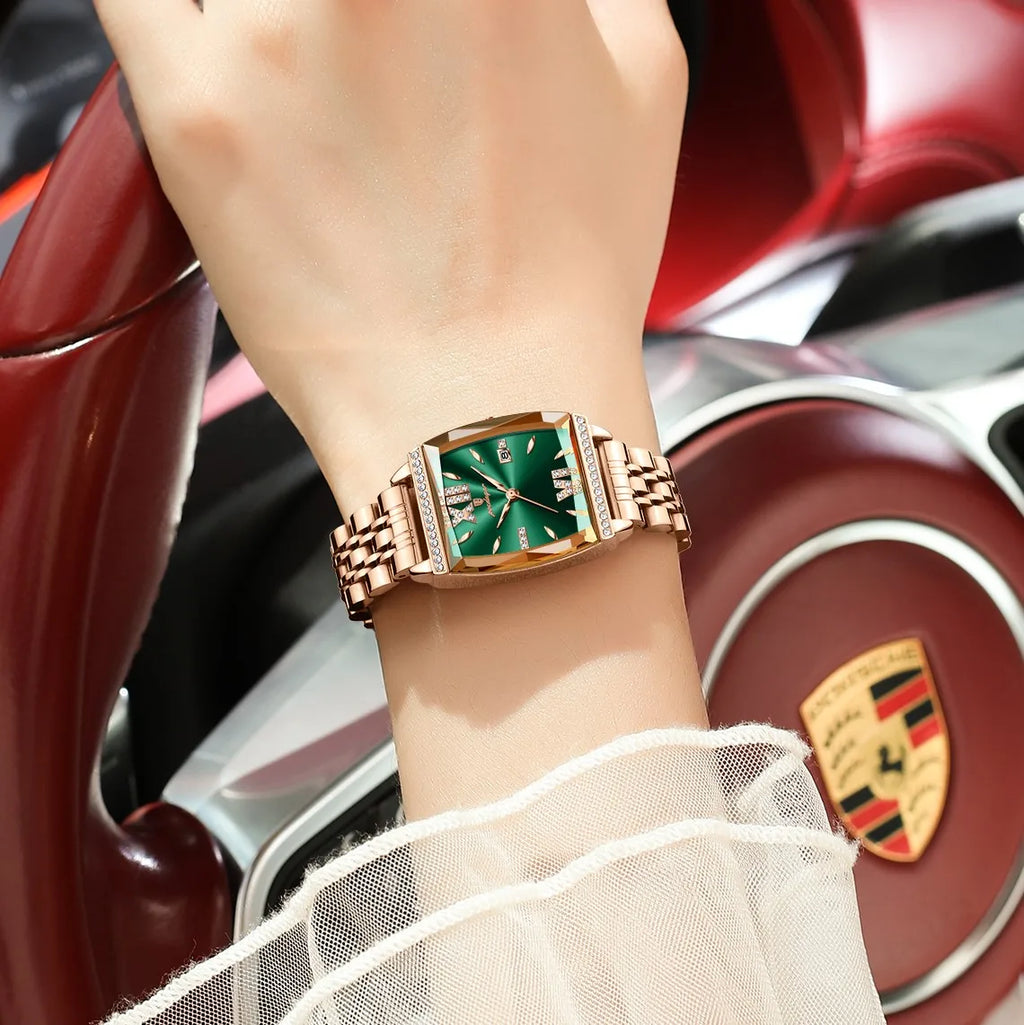 Poedagar 795 Luxury Ladies Watches Diamond Green Dial Stainless Steel Bracelet Montre Waterproof Luminous Quartz Watch for Women