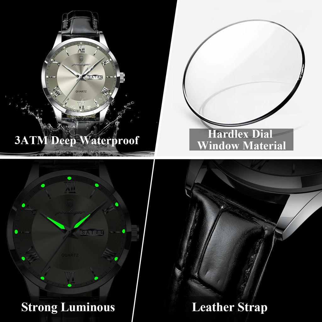 Poedagar 978 Luxury Leather Bracelet Quartz Watch for Men Luminous Waterproof Mens Watch