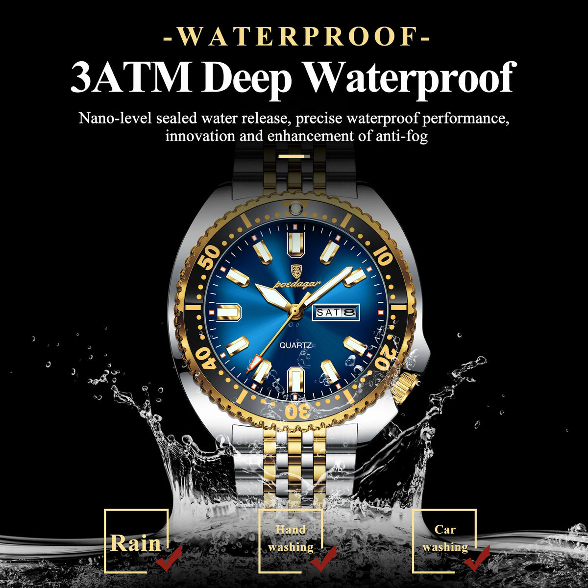 Poedagar 682 Men Watch Luxury Sport Rotating Bezel Date Day Stainless Steel Quartz Wristwatch Ready to Ship Factory Direct Sale