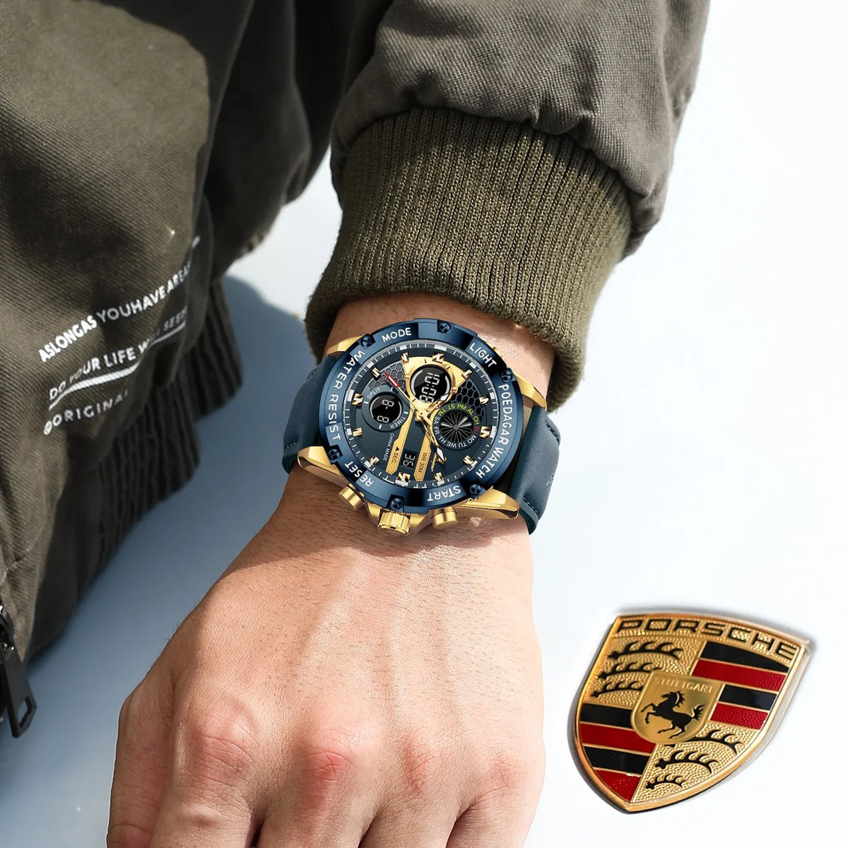 Poedagar E125 Men Dual Display Watch Digital Analog Waterproof Quartz Watch Luminous Leather Strap Sports Wristwatch for Men