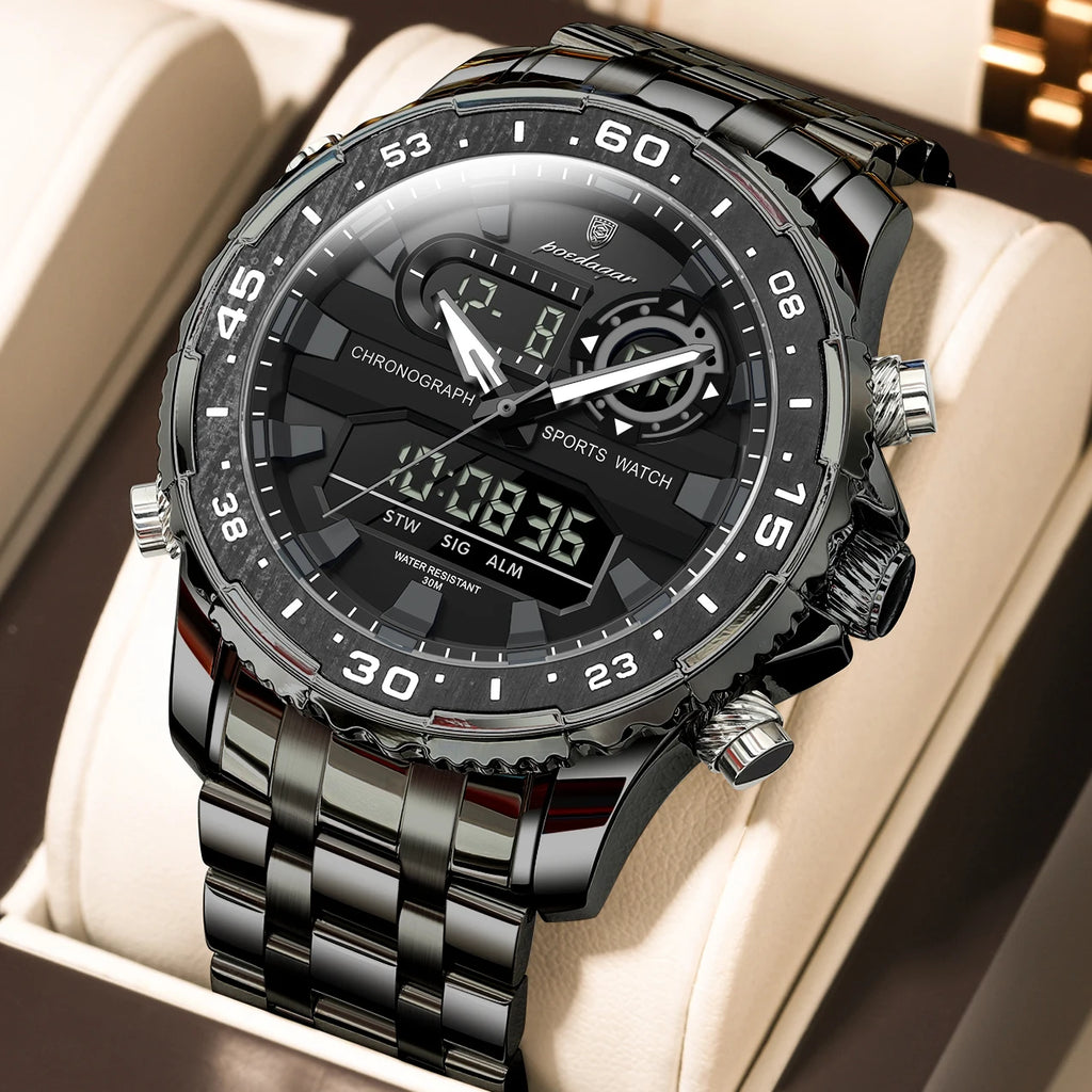 Poedagar E122 Men's Fashion Quartz Watch 46MM Dial Stainless Steel Waterproof Wristwatch for Daily Business Casual Wear