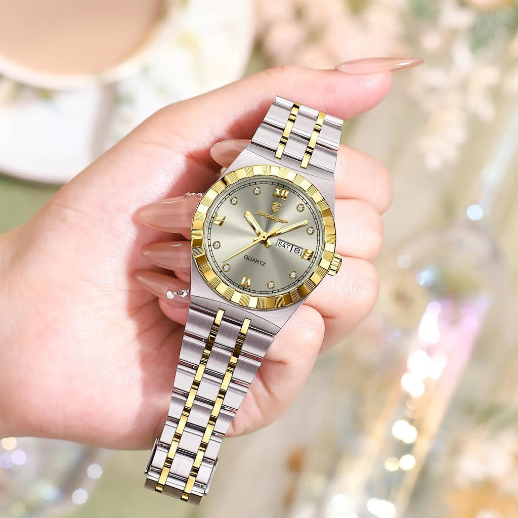 Poedagar Female Luxury Original Luminous Waterproof Week Date Wristwatch Stainless Steel Women Quartz Ladies Watch