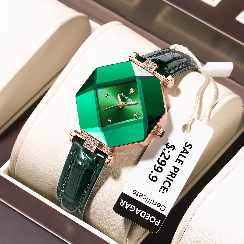 Poedagar Women Fashion Green Leather Watches Elegant Diamond Luxury Quartz Ladies Wristwatch Waterproof Watch for Womens Opp Bag
