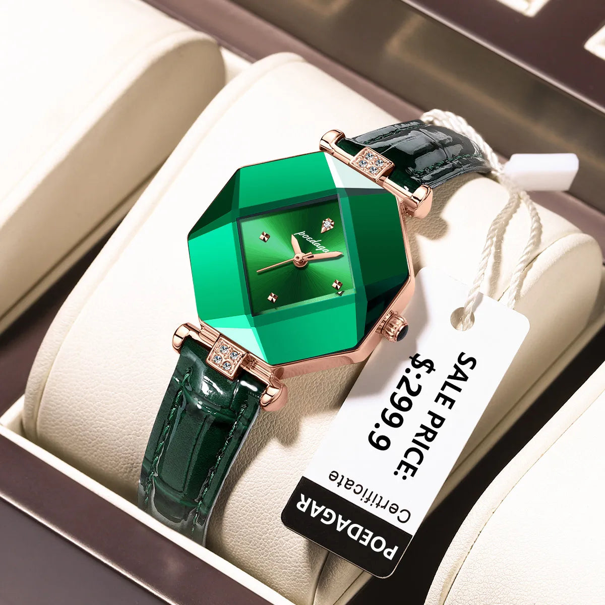 Poedagar Women Fashion Green Leather Watches Elegant Diamond Luxury Quartz Ladies Wristwatch Waterproof Watch for Womens Opp Bag