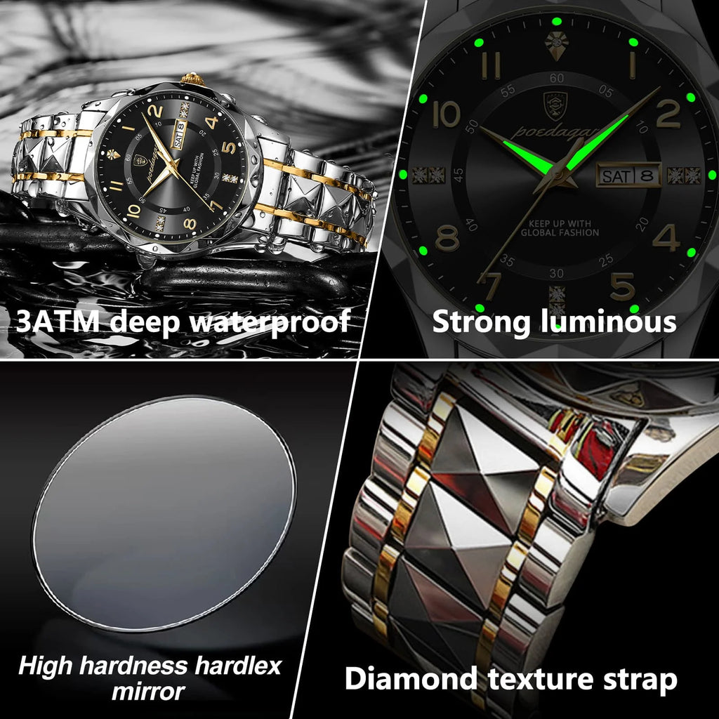 Poedagar 858 Luxury Mens Watch Waterproof Luminous Montre Date Week Moissanite Quartz Watches Stainless Steel Watches for Men