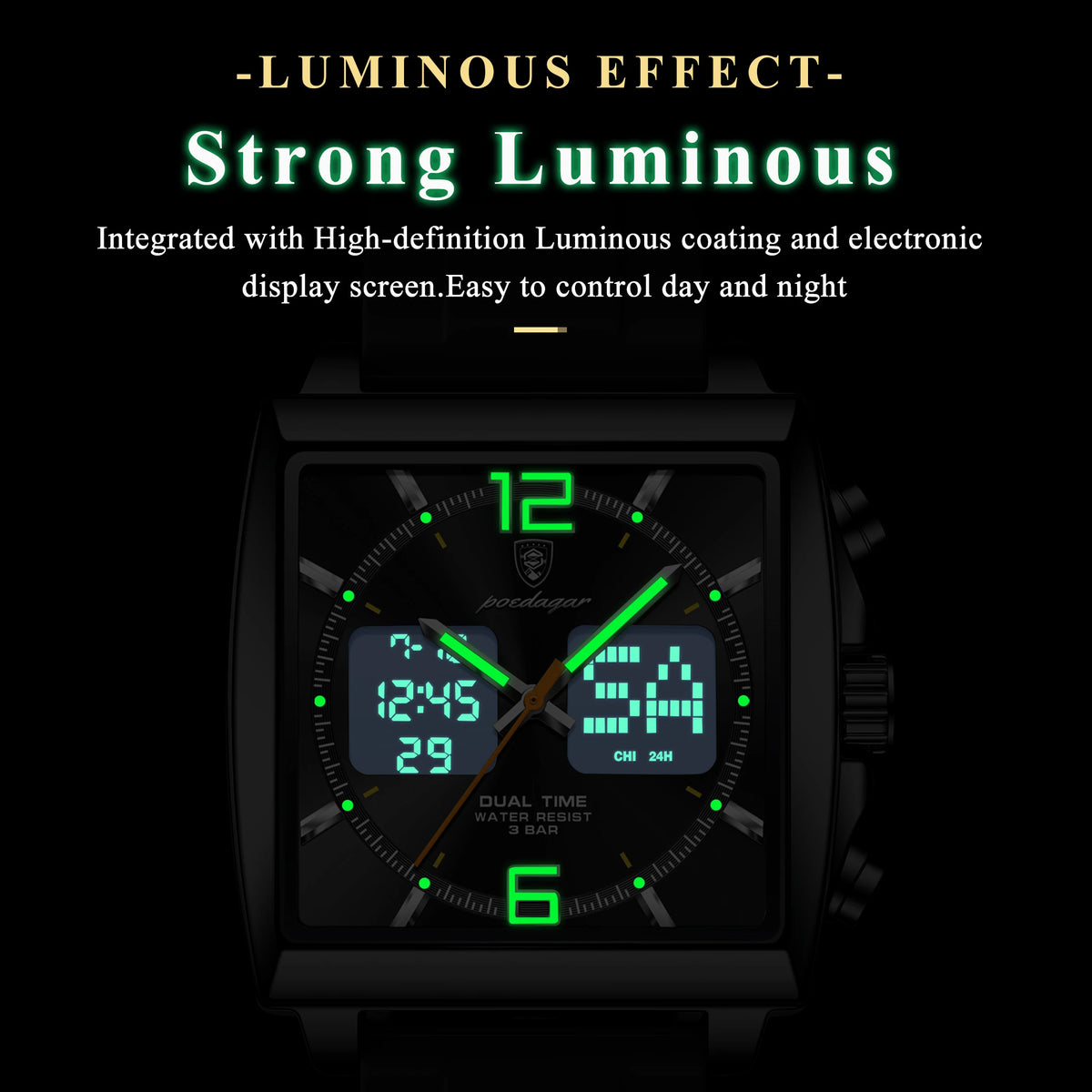 Poedagar E109 Men's Watch Dual Display Multifunctional Chronograph Silicone Strap Waterproof Luminous Alarm Quartz Watches