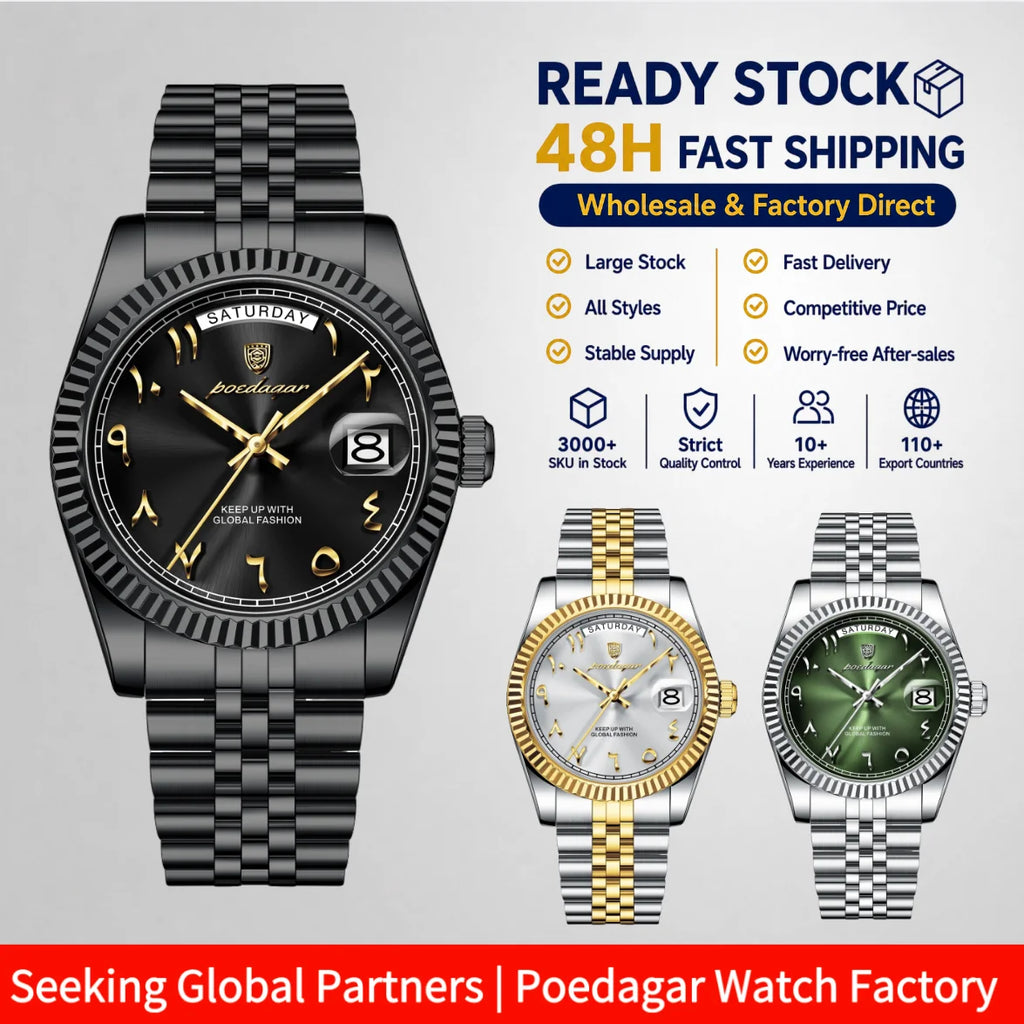 Poedagar 845 Luxury Men's Watch Arabic Numeral Dial Business Dress Wristwatch Stainless Steel Waterproof Quartz Watch for Men