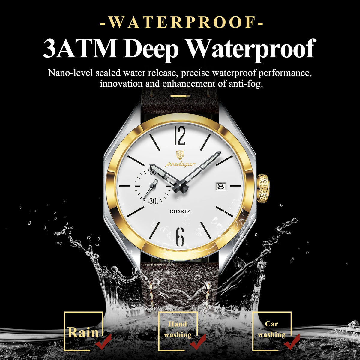 Poedagar 689 Luxury Casual Mens Quartz Watch Geometric Dial Waterproof Leather Strap Fashion Wristwatch Wholesale Factory Direct
