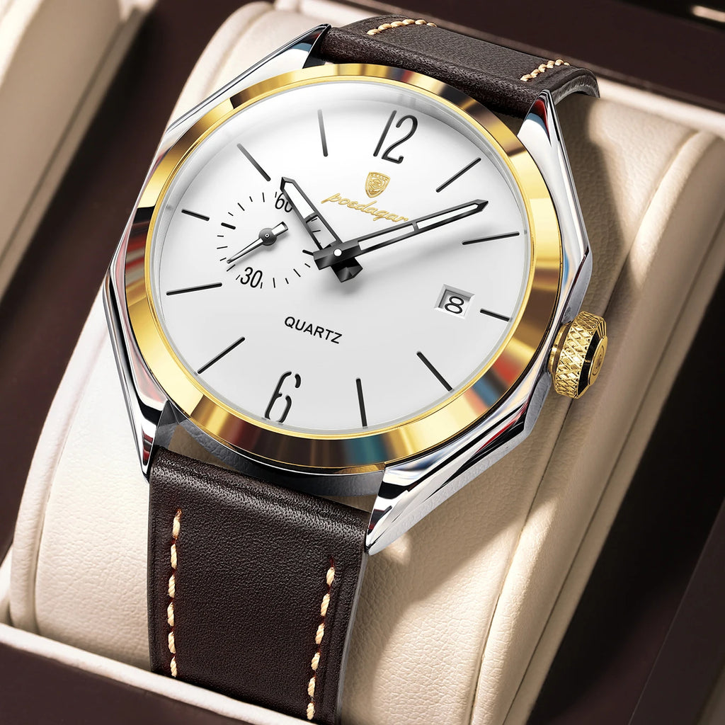 POEDAGAR 689 Men Quartz Watch Luxury Geometric Dial Leather Strap Waterproof Casual Wrist Watch Wholesale