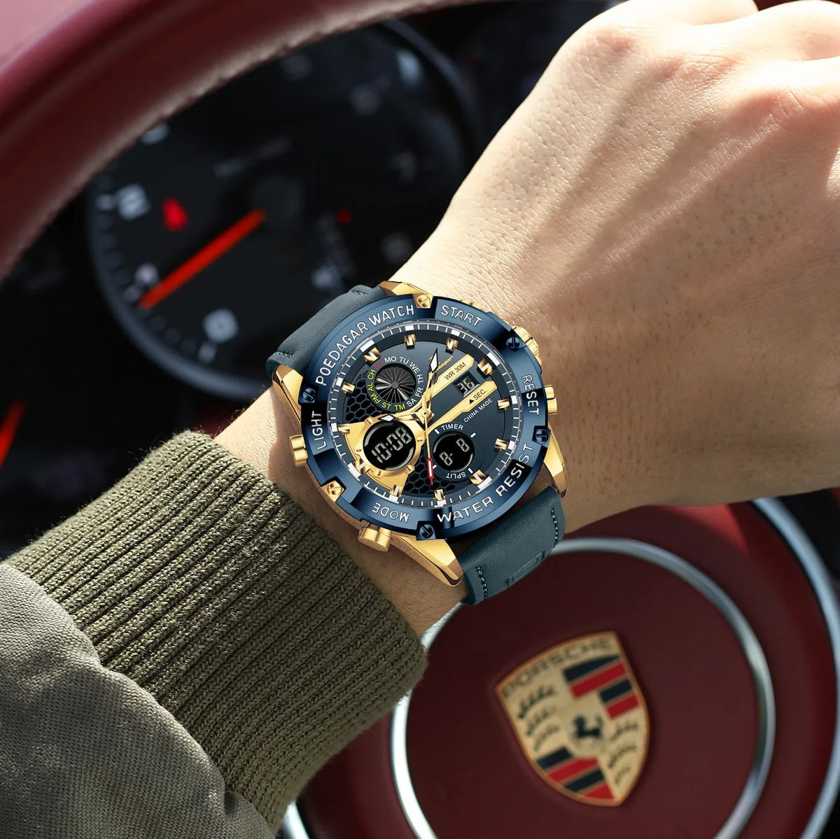Poedagar E125 Men Dual Display Watch Digital Analog Waterproof Quartz Watch Luminous Leather Strap Sports Wristwatch for Men