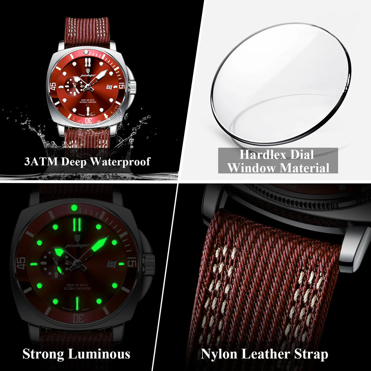 Poedagar 873 Quartz Watch Hardlex Dial Nylon Strap Luxury Business Men's Watch Date Luminous 3ATM Waterproof Watch for Men