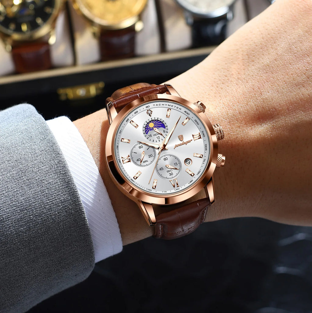 Poedagar 882 Luxury Men's Watch Business Leather Strap Montre Waterproof Luminous Date Reloj Chronograph Quartz Watch for Men