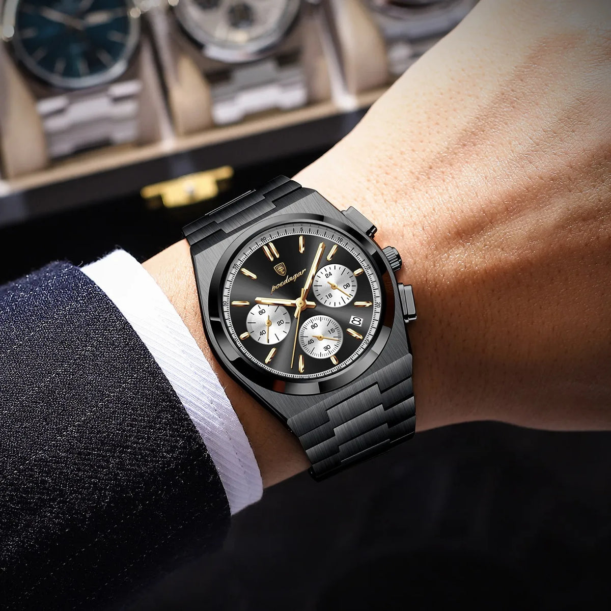 Poedagar 970 Luxury Mens Watch Waterproof Luminous Quartz Watches Montre Homme Relogio Chronograph Stainless Steel Watch for Men