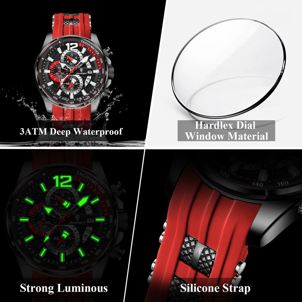 Poedagar 898 Men's Chronograph Watch Sports Silicone Band Quartz Watch Montre Luminous Waterproof Wristwatch for Men Reloj