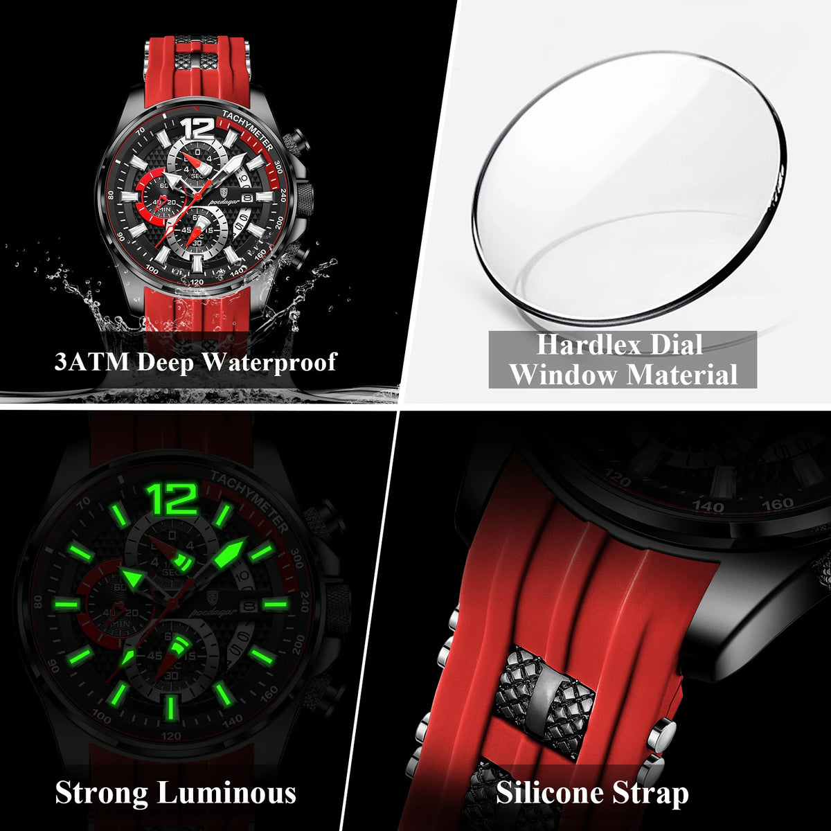 Poedagar 898 Men's Chronograph Watch Sports Silicone Band Quartz Watch Montre Luminous Waterproof Wristwatch for Men Reloj