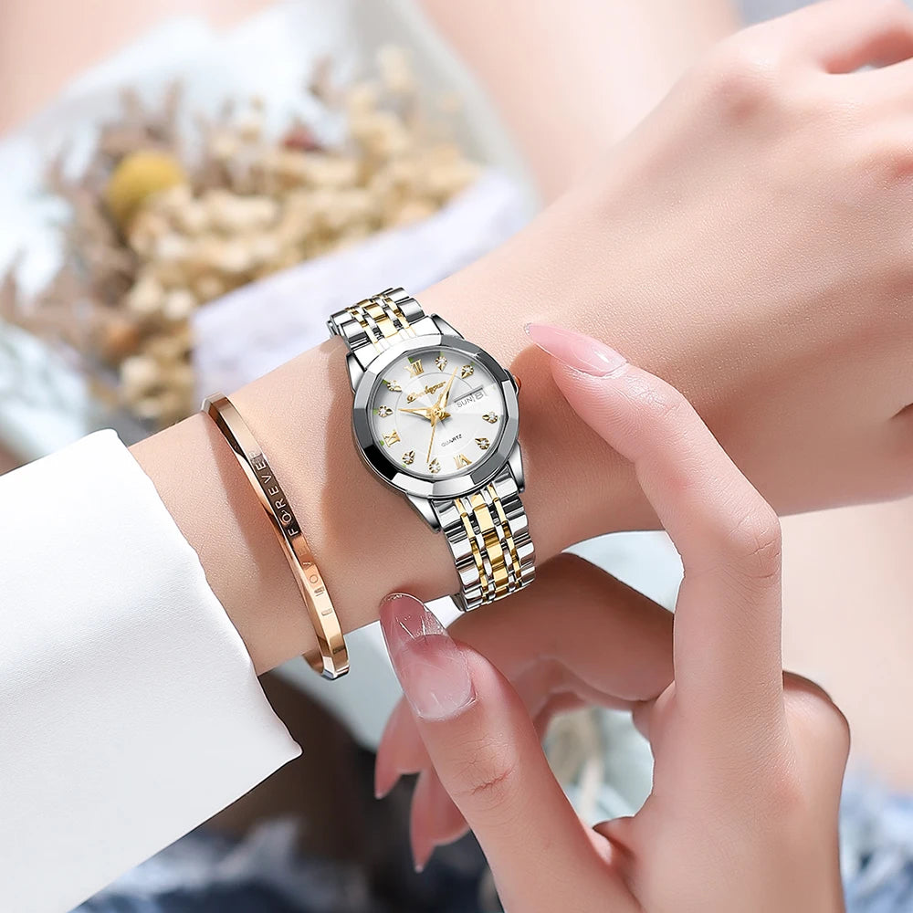 Poedagar Watch Women Diamond Luxury Ladies Watch Stainless Steel Quartz Watches Waterproof Calendar Luminous for Womens Clock