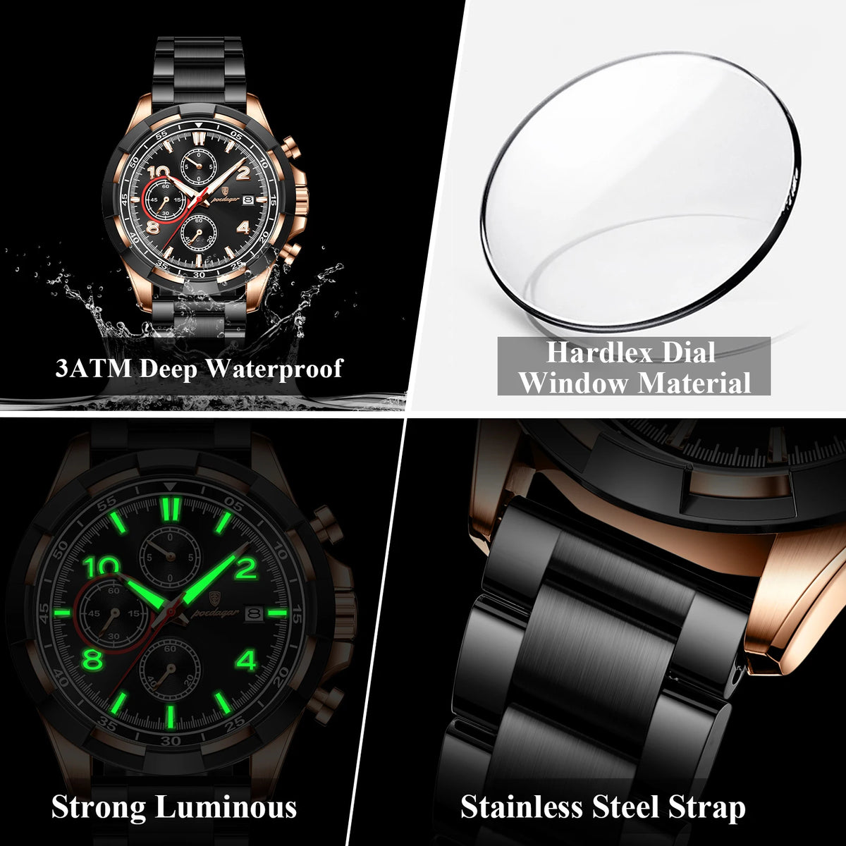 Poedagar 685 Men's Watch Chronograph Luminous Quartz Watches 47MM Dial Montre Homme Waterproof Stainless Steel Bracelet Watch