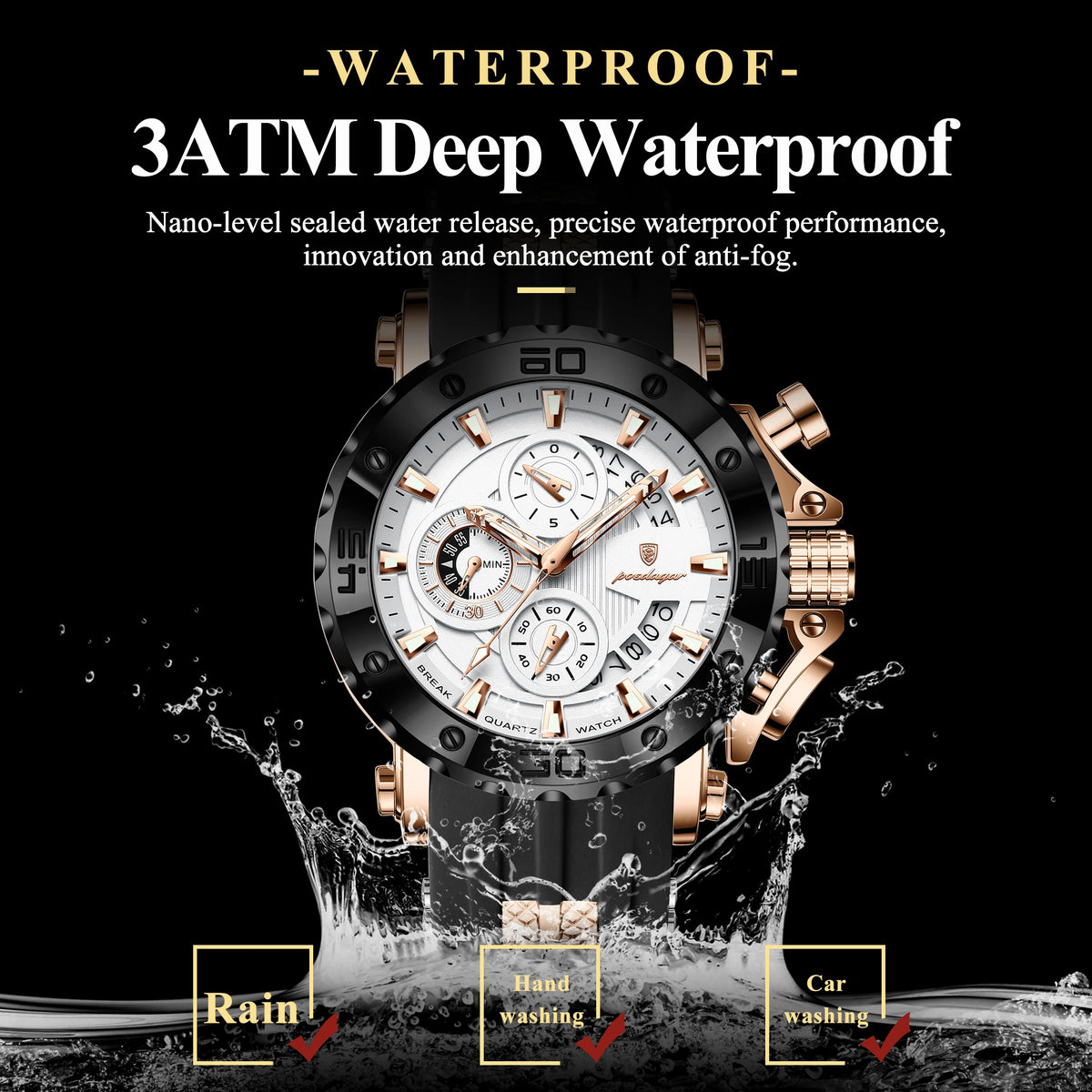 Mens Watch Luxury Poedagar 892 Silicone Strap Waterproof Quartz Watches Montre Luminous Sports Chronograph Watch for Men Relogio