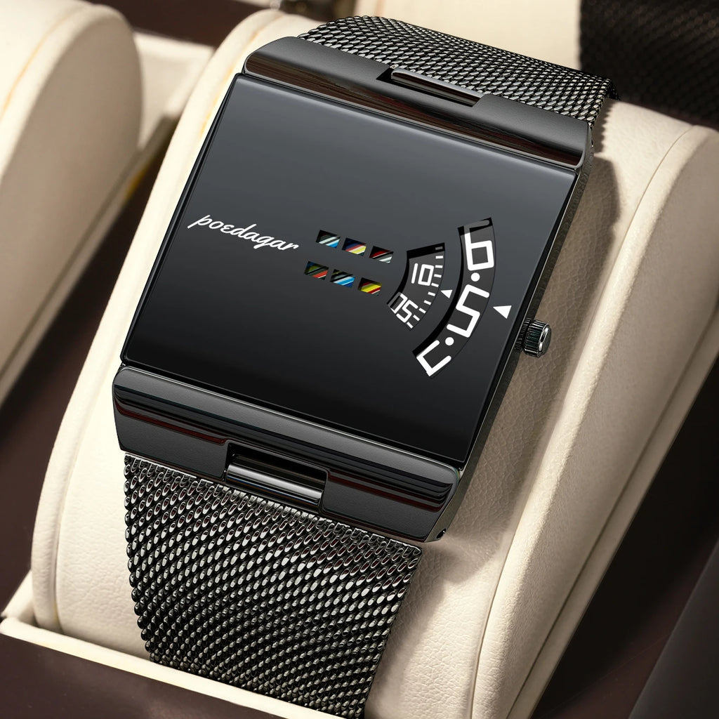 Poedagar 857 Luxury Men's Watch Square Stainless Steel Mesh Strap Quartz Watch Montre Homme Waterproof Wristwatch for Men