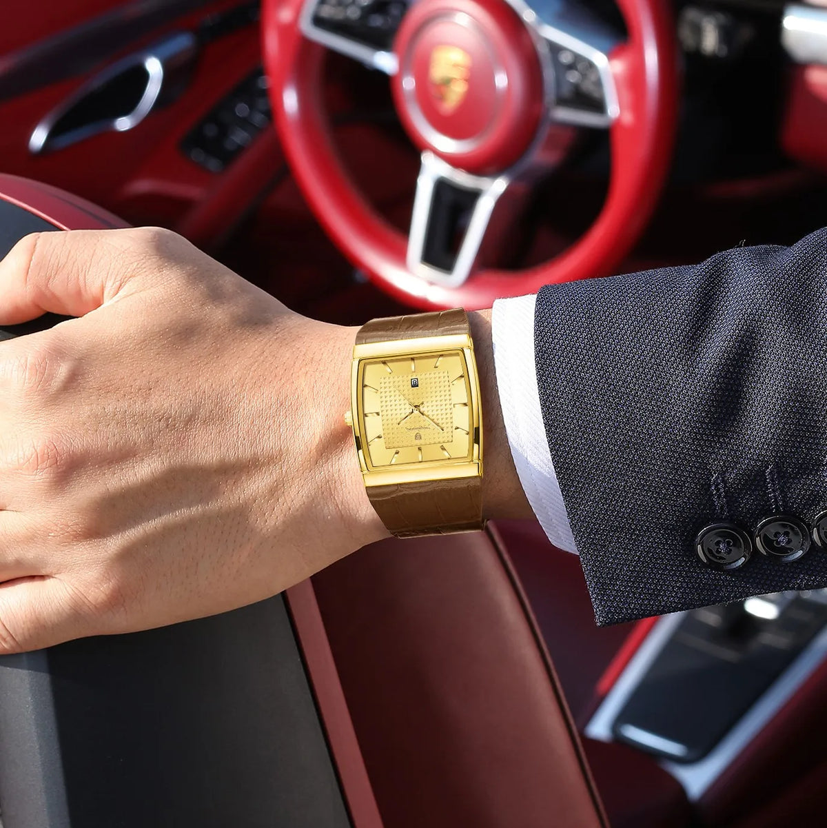 Poedagar 885 Luxury Men Watch Fully Gold Leather Strap Square Quartz Wristwatch Business Waterproof Factory Direct Ready to Ship