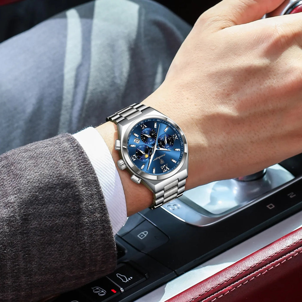 Poedagar 688 Luxury Men's Quartz Watch Waterproof Luminous Wristwatch Multi-Functional Chronograph Stainless Steel Watch for Men