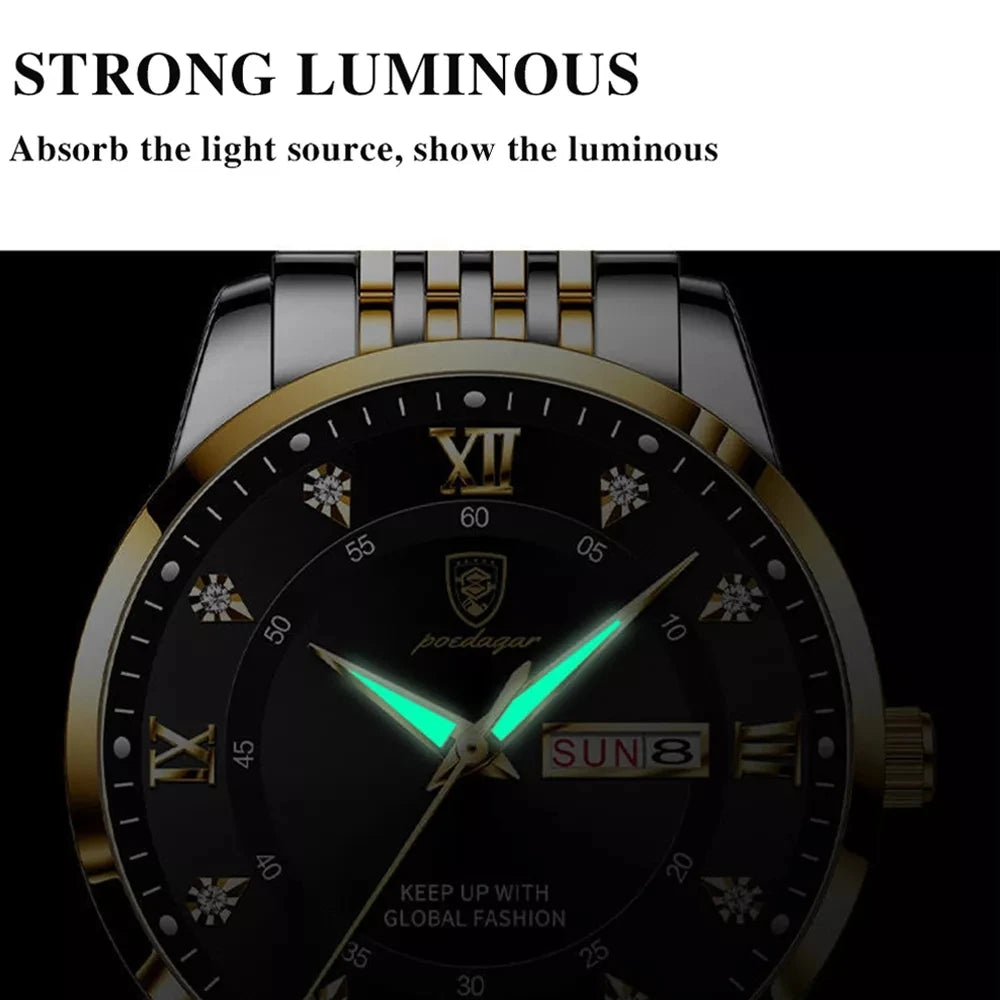 Poedagar 836 Wrist Watch Men Diamond Quartz Watches Stainless Steel Relojes Hombre Waterproof Luminous Calendar Watch for Men