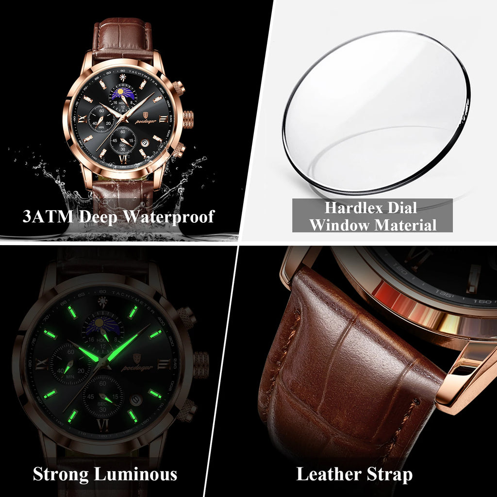 Poedagar Wholesale Business Luxury Leather Montre Waterproof Luminous Date Reloj Chronograph Quartz Men's Watch