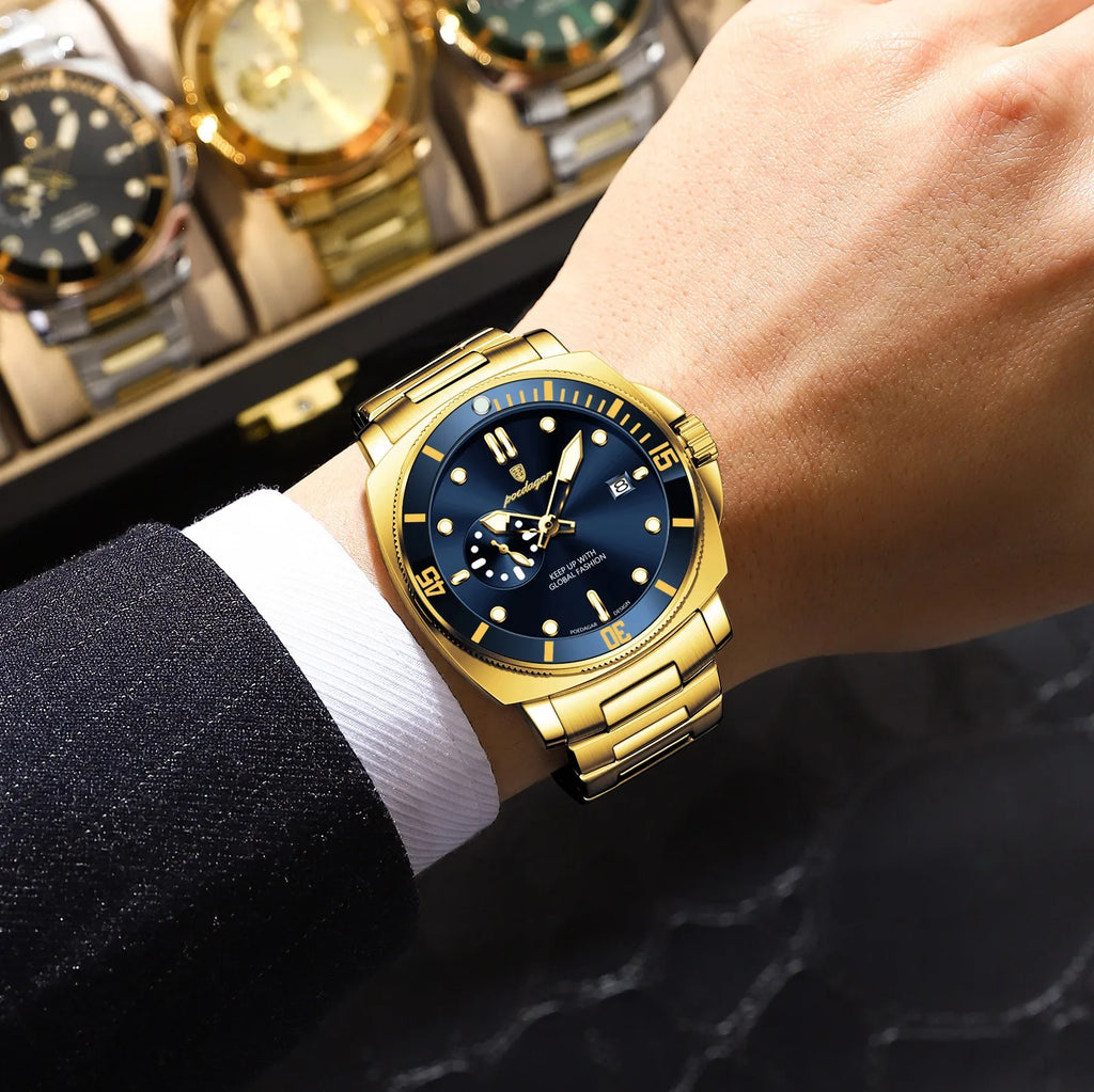 Poedagar 873 Luxury Men's Watch Cushion Case Sport Quartz Wristwatch Stainless Steel Luminous Waterproof Watch for Men Reloj