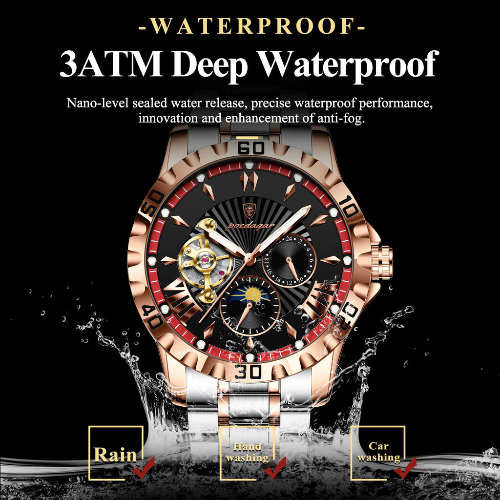 Poedagar 1415 Original Stainless Steel Band Men Montre 3 ATM Waterproof Automatic Mechanical Watch for Men