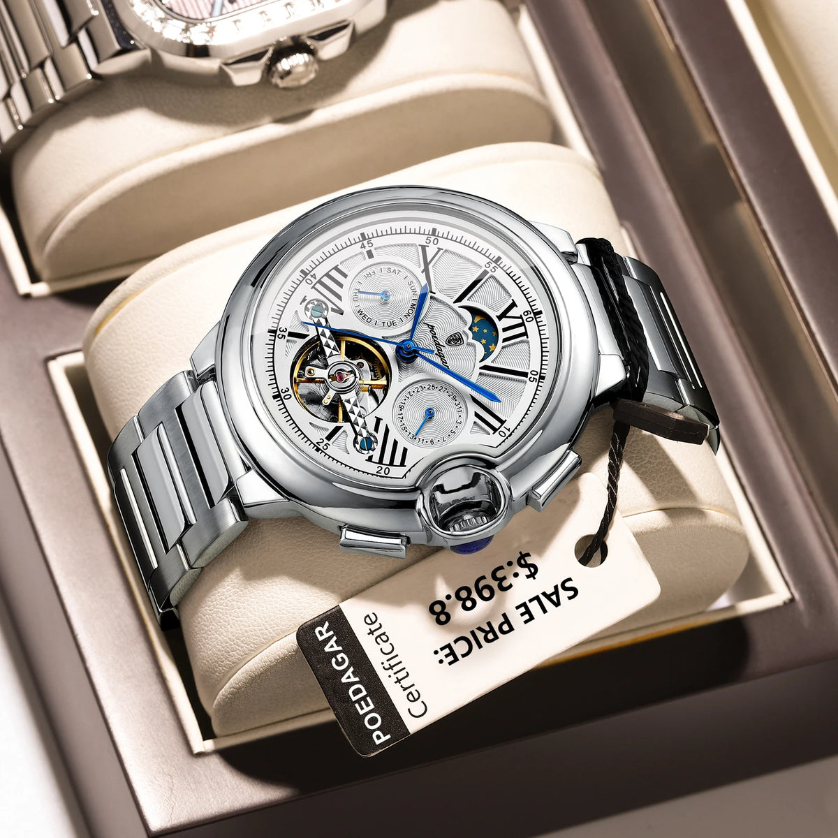 Poedagar Luxury Hollow Tourbillon Automatic Mechanical Watch Waterproof Luminous Stainless Steel Watch for Men