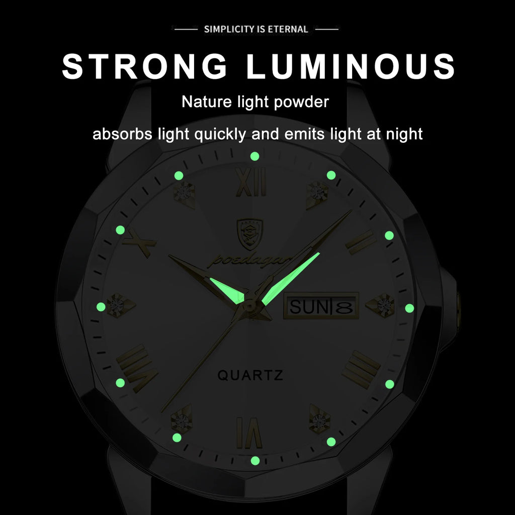 Poedagar Luxury Fashion Diamond Montre Homme 3 Bar Waterproof Stainless Steel Quartz Watches Luminous Date Watches for Men