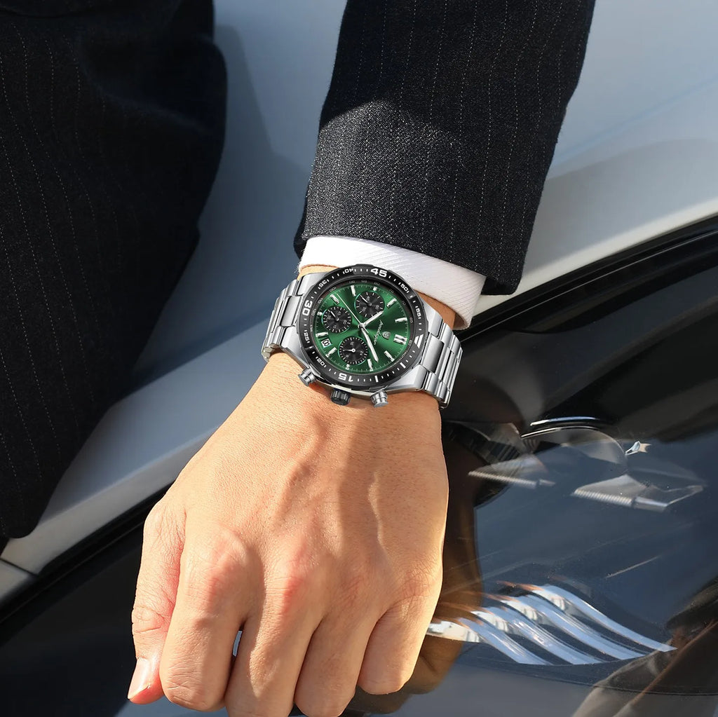 Poedagar 697 Men's Chronograph Watch Luxury Malachite Green Dial Tachymeter Luminous Date Waterproof Original Factory Wholesale