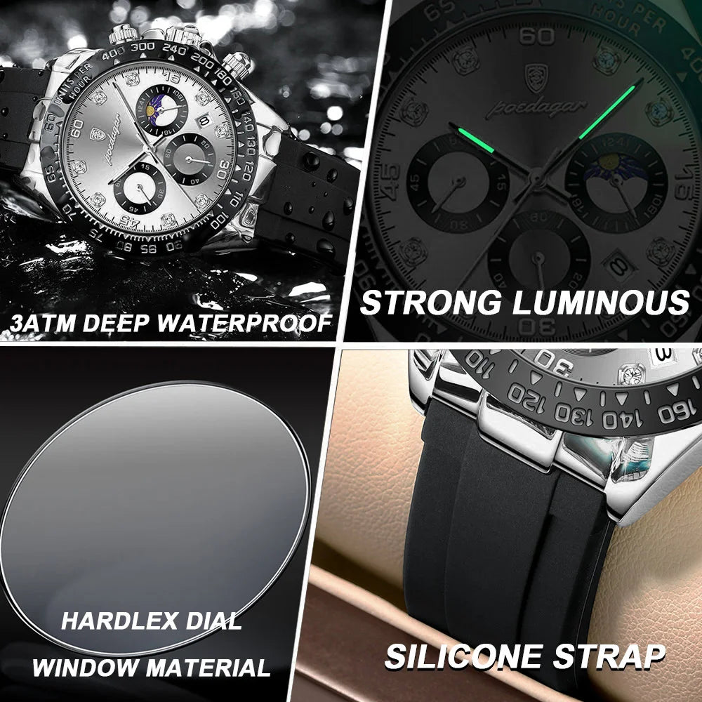 Poedagar 629 Men's Antique Quartz Watch Alloy Case Silicone Band 3BAR Waterproof Fashion Design Wholesale