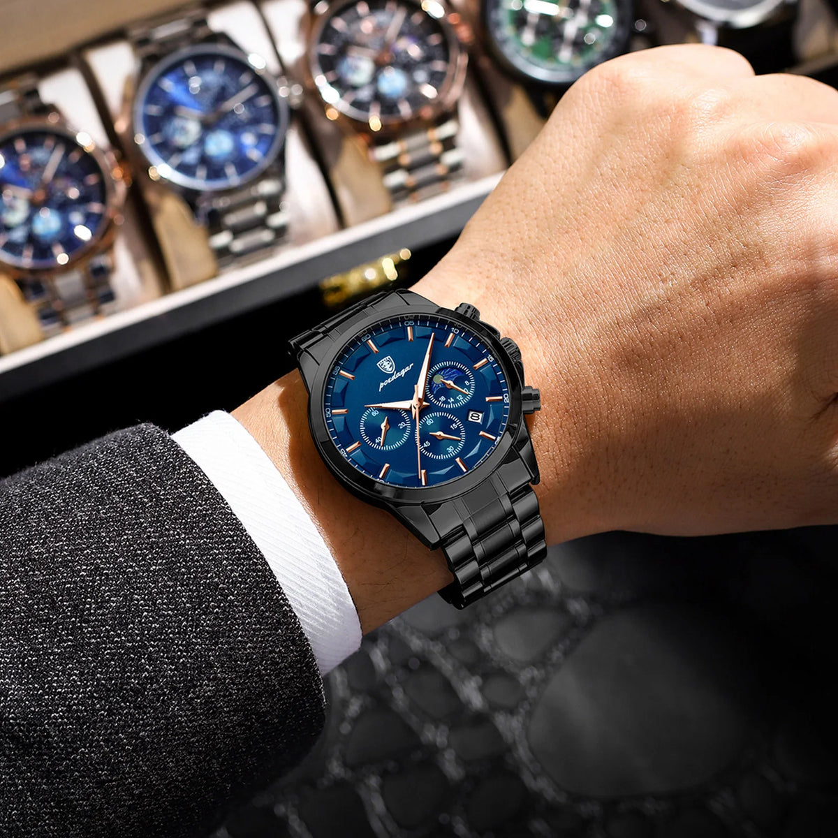 Poedagar 928 High Quality Men Watch Moon Phase Chronograph Stainless Steel Quartz Watch for Men Wholesale Price Ready to Ship