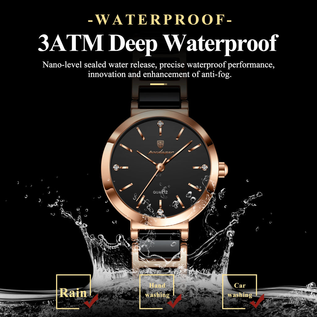 Poedagar 505 Elegant Rose Case Stainless Steel Bracelet 30M Waterproof Analog Quartz Watch for Women