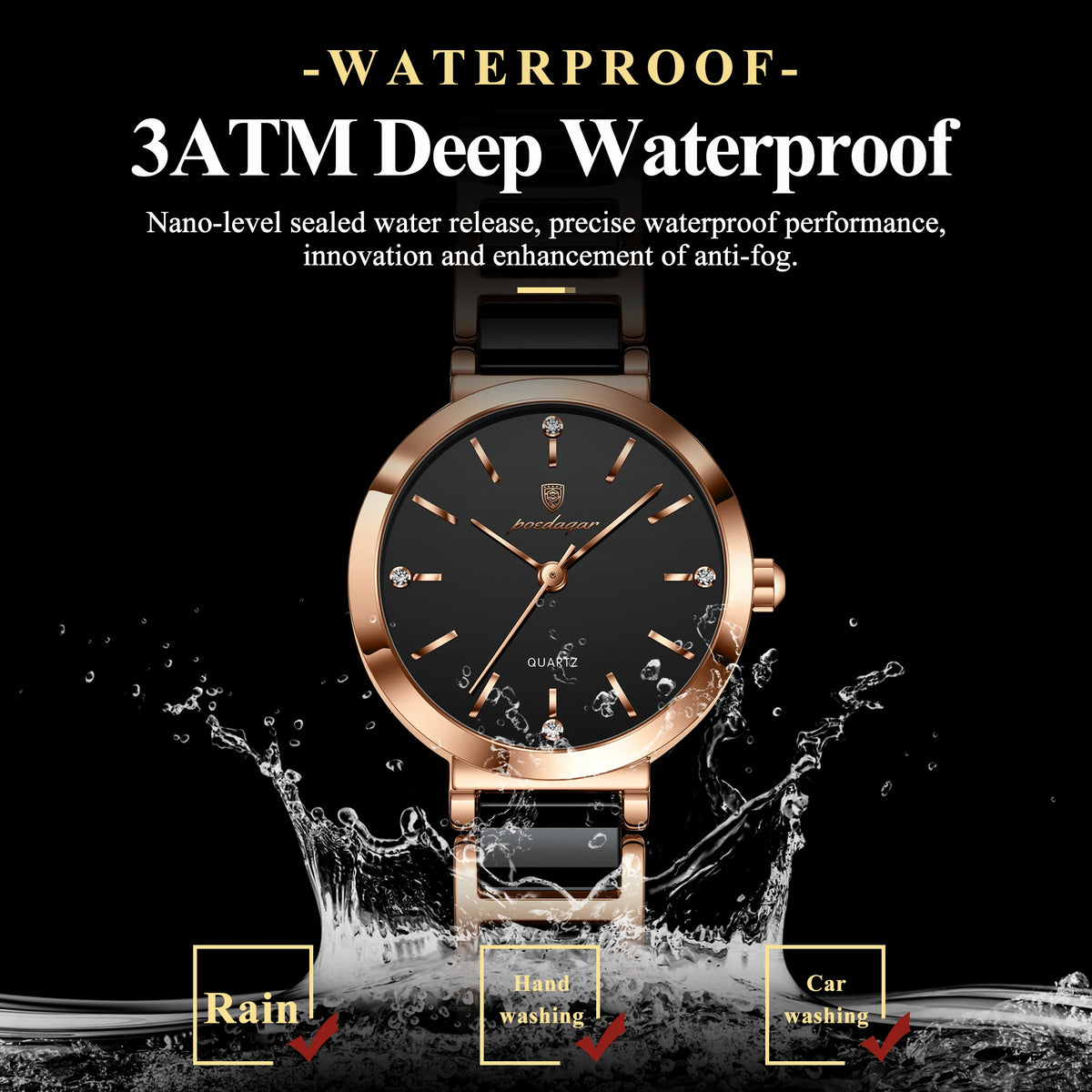 Poedagar 505 Elegant Rose Case Stainless Steel Bracelet 30M Waterproof Analog Quartz Watch for Women