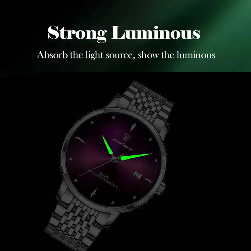 Poedagar 868 Luxury Stainless Steel Watch Bands Luminous High Quality Waterproof Quartz Watches for Men