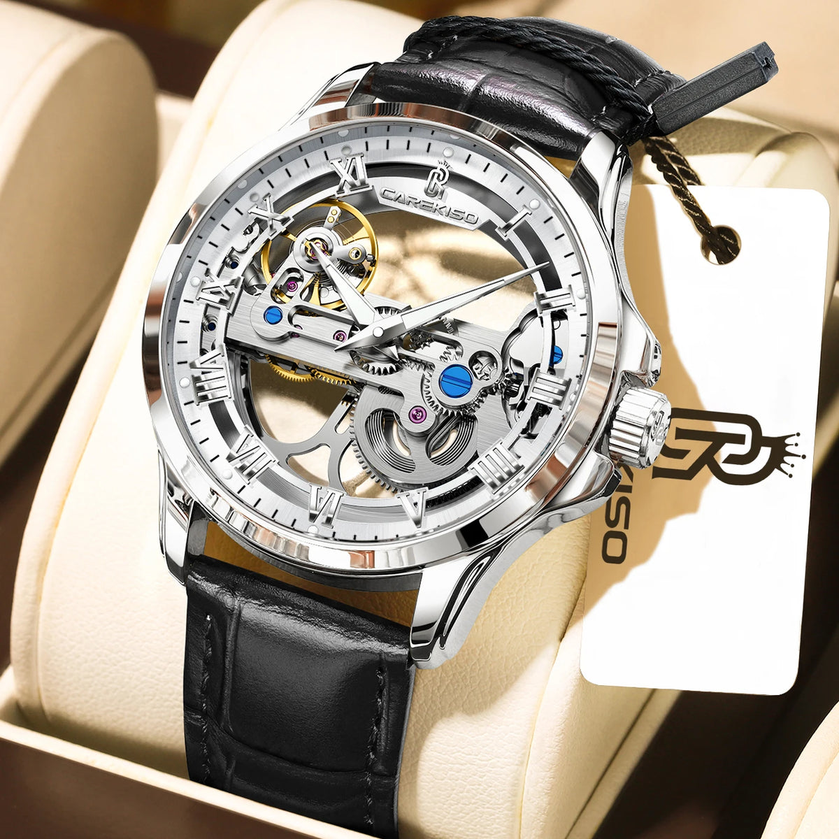 CAREKISO C124 Men Automatic Mechanical Wristwatch Waterproof Luminous Business Watch with Genuine Leather Strap