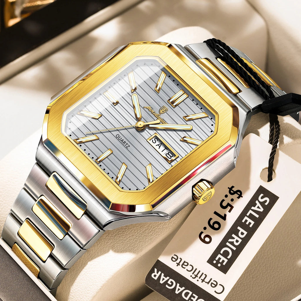 Poedagar 672 Men's Watch Luxury Square Case Stainless Steel Quartz Wristwatch Waterproof Luminous Date Business Watch for Men