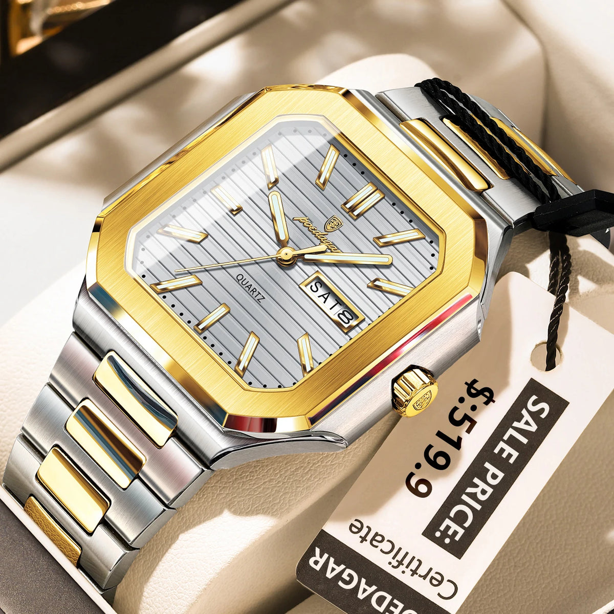 Poedagar 672 Men's Watch Luxury Square Case Stainless Steel Quartz Wristwatch Waterproof Luminous Date Business Watch for Men