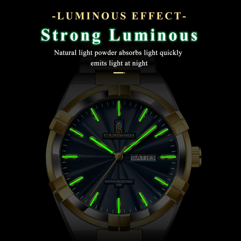CAREKISO Business Men Date Week Waterproof Luminous Quartz Men Wristwatch Stainless Steel Men's Watches
