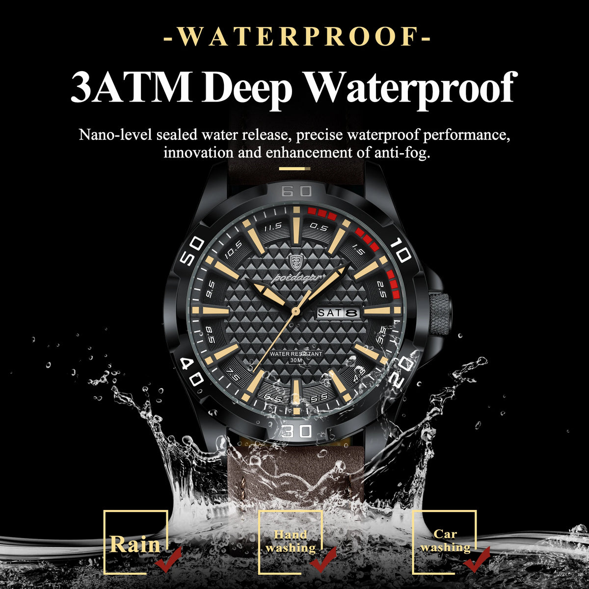 Poedagar Luxury Waterproof Luminous Sport Leather Quartz Watch for Men