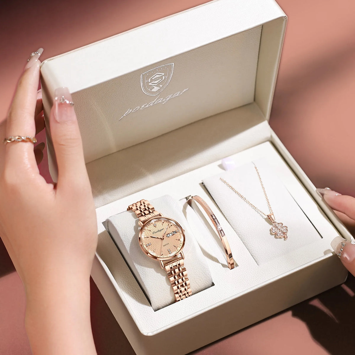 Poedagar 312 Luxury Ladies Watch & Bracelet Gift Set Waterproof Date Week Quartz Women's Watches Stainless Steel Watch for Girl